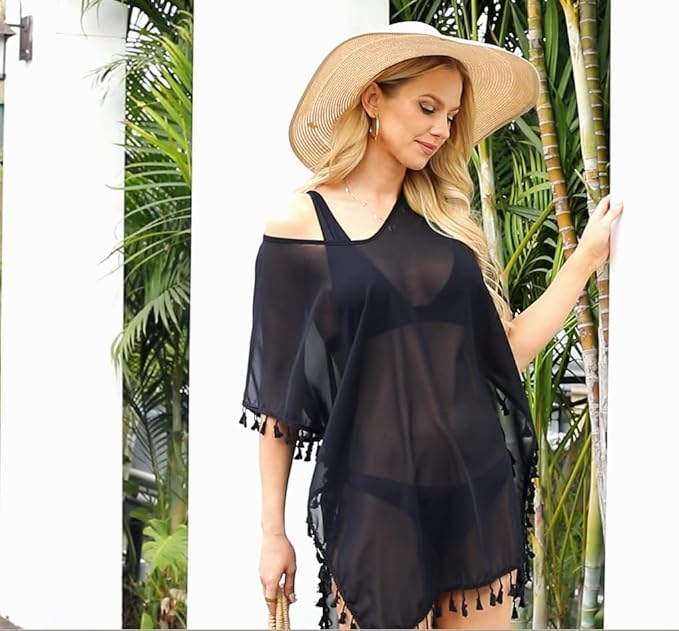 Damen Strandponcho Sommer Bikini Badeanzug Cover Up Strandkleid mit Quasten MEHRWEG