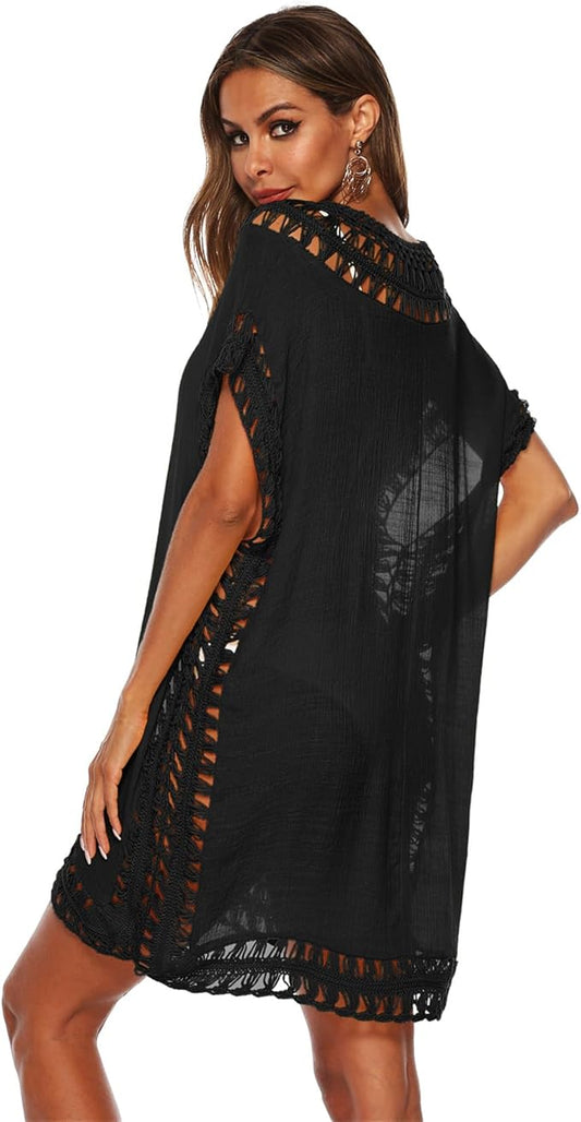 Damen Sommer Bikini Cover Up V-Ausschnitt Strand Poncho Strandkleid mit Cutout Crochet Badeanzug Sommer Kleider für Urlaub
