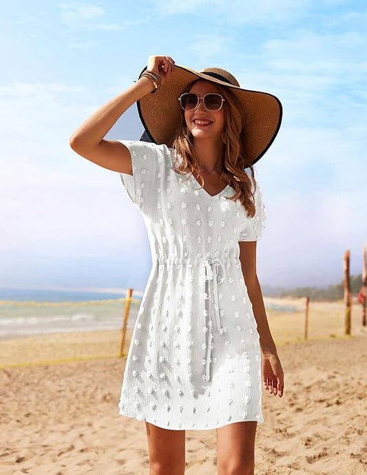 Damen Strandkleid Kurz Strandtunika Sommer Bikini Cover Up Kurzarm V-Ausschnitt Strandponcho S-XXL