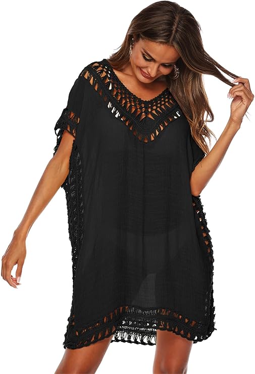 Damen Sommer Bikini Cover Up V-Ausschnitt Strand Poncho Strandkleid mit Cutout Crochet Badeanzug Sommer Kleider für Urlaub