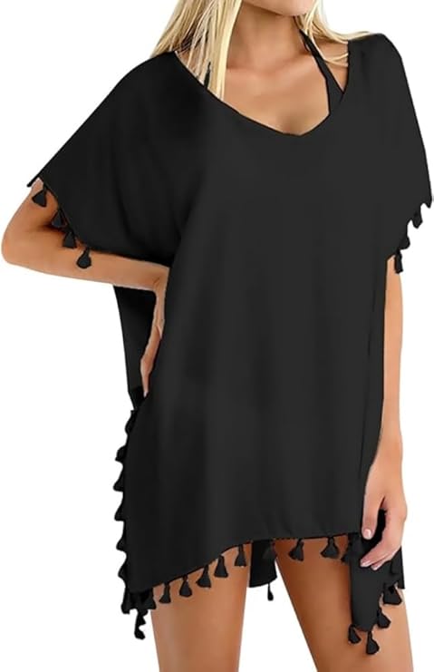 Damen Strandponcho Sommer Bikini Badeanzug Cover Up Strandkleid mit Quasten MEHRWEG