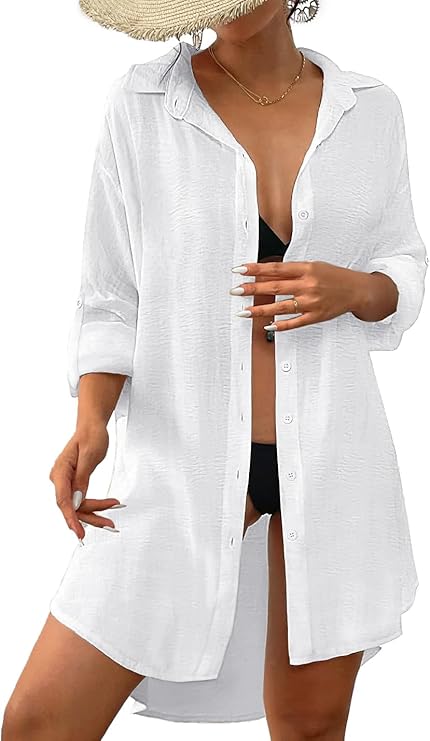 Damen Strandkleid Bikini Cover Up Sommer Strandbluse Strandhemd V-Ausschnitt Strandponcho Bademode Strand Vertuschen Shirt