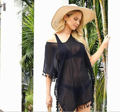 Damen Strandponcho Sommer Bikini Badeanzug Cover Up Strandkleid mit Quasten MEHRWEG