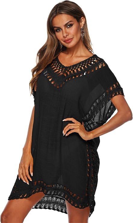 Damen Sommer Bikini Cover Up V-Ausschnitt Strand Poncho Strandkleid mit Cutout Crochet Badeanzug Sommer Kleider für Urlaub