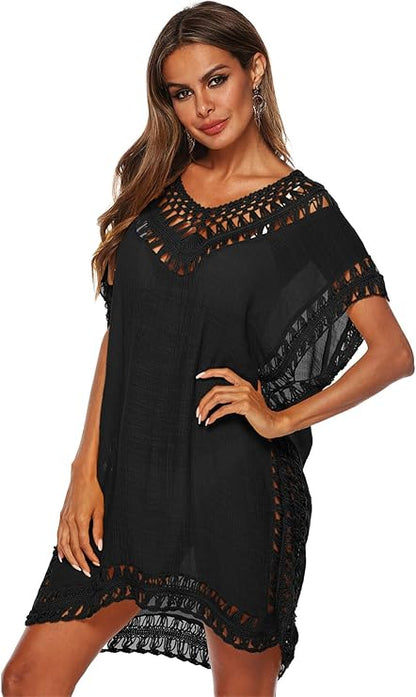 Damen Sommer Bikini Cover Up V-Ausschnitt Strand Poncho Strandkleid mit Cutout Crochet Badeanzug Sommer Kleider für Urlaub