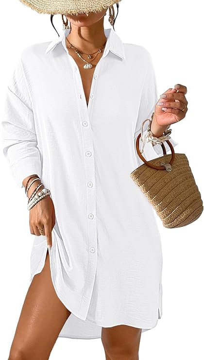 Damen Strandkleid Bikini Cover Up Sommer Strandbluse Strandhemd V-Ausschnitt Strandponcho Bademode Strand Vertuschen Shirt