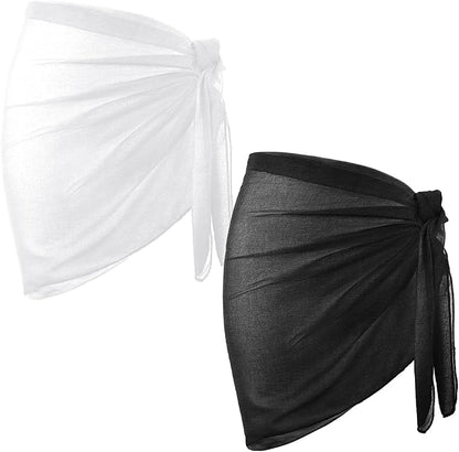 Strandrock Strand Wrap Sarong Damen 2 Stück Wickeltuch Chiffon Strandrock Kurz Bikini Rock für Strand Urlaub Strandkleid (Schwarz & Weiß)
