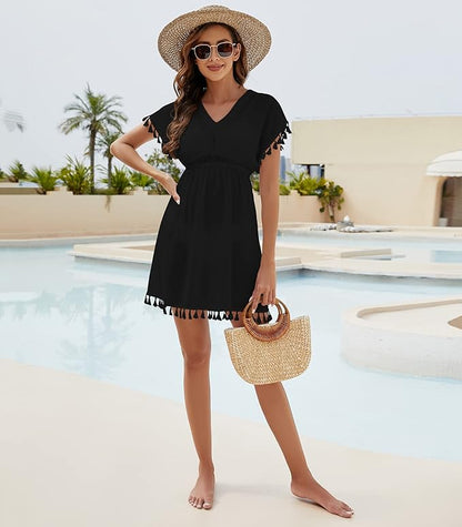 Damen Strandkleid Sommer Badeanzug Strandtunika Chiffon Strandponcho Sommerkleider Bikini Cover mit V-Ausschnitt