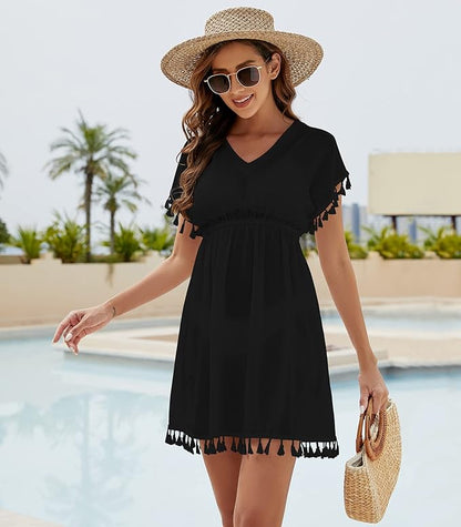 Damen Strandkleid Sommer Badeanzug Strandtunika Chiffon Strandponcho Sommerkleider Bikini Cover mit V-Ausschnitt
