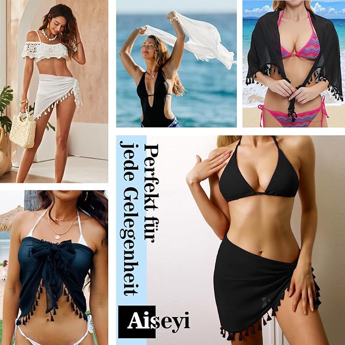Strand Wrap Sarong Damen Groß 2 Stück Chiffon Strandrock mit Fransen Schwarz/Weiß