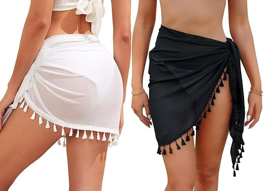 Strand Wrap Sarong Damen Groß 2 Stück Chiffon Strandrock mit Fransen Schwarz/Weiß
