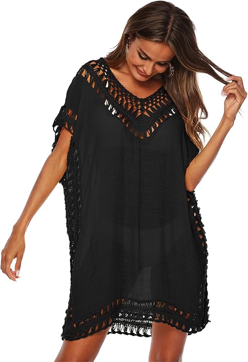 Damen Sommer Bikini Cover Up V-Ausschnitt Strand Poncho Strandkleid mit Cutout Crochet Badeanzug Sommer Kleider für Urlaub