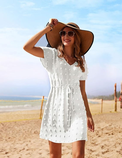 Damen Strandkleid Kurz Strandtunika Sommer Bikini Cover Up Kurzarm V-Ausschnitt Strandponcho S-XXL
