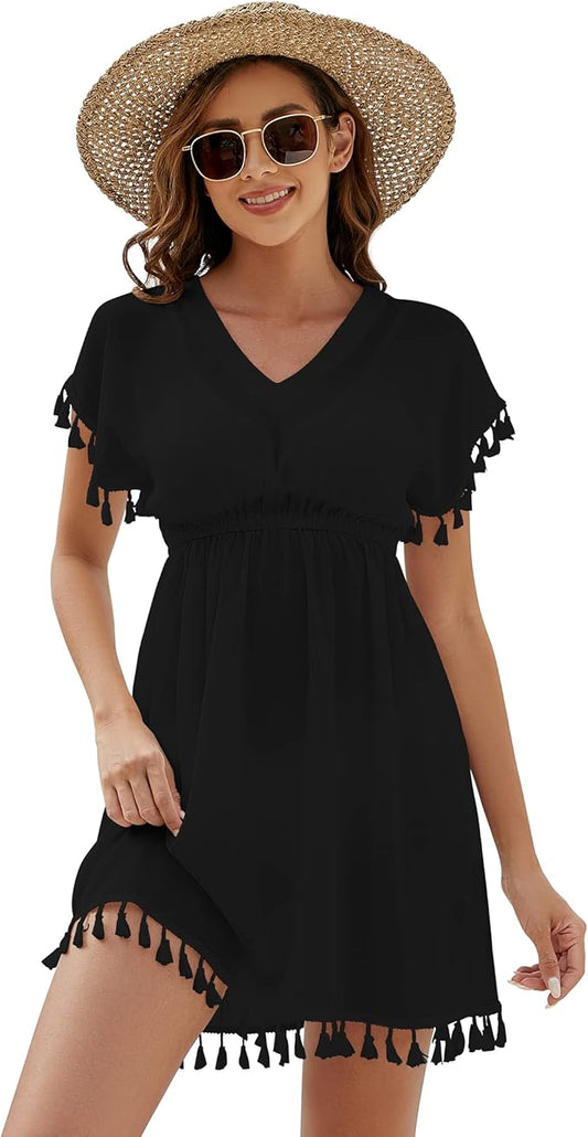 Damen Strandkleid Sommer Badeanzug Strandtunika Chiffon Strandponcho Sommerkleider Bikini Cover mit V-Ausschnitt