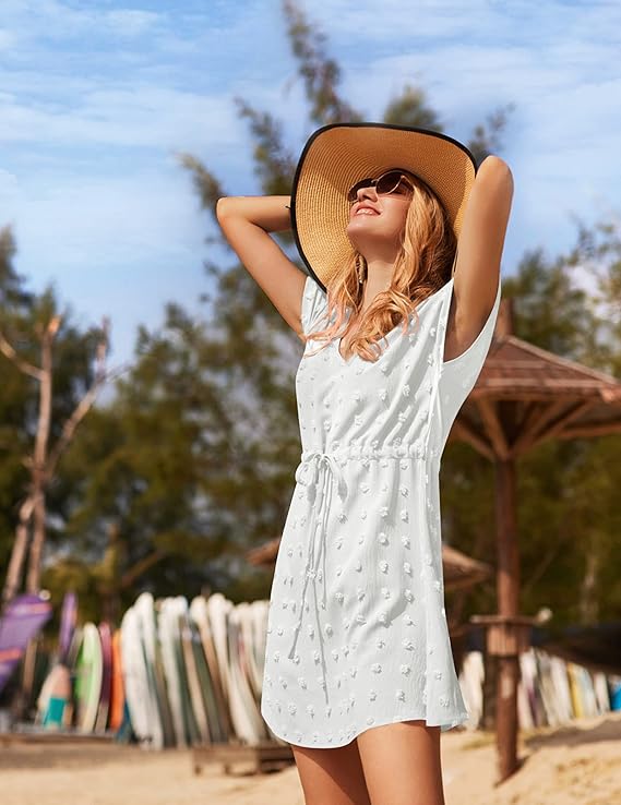 Damen Strandkleid Kurz Strandtunika Sommer Bikini Cover Up Kurzarm V-Ausschnitt Strandponcho S-XXL