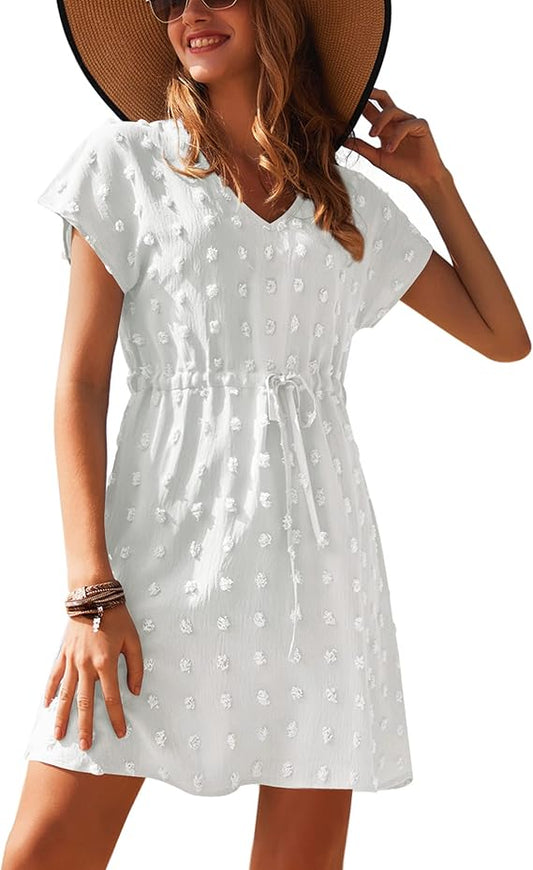 Damen Strandkleid Kurz Strandtunika Sommer Bikini Cover Up Kurzarm V-Ausschnitt Strandponcho S-XXL