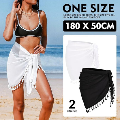 Strand Wrap Sarong Damen Groß 2 Stück Chiffon Strandrock mit Fransen Schwarz/Weiß