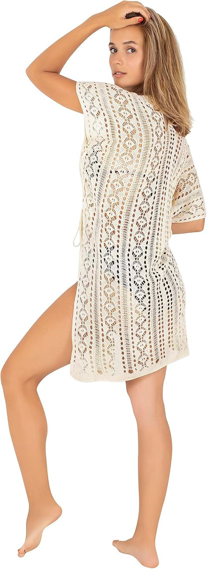 Strandkleid Damen gestrickt - Perfekt als Strandponcho oder Cover-up für Bikini oder Badeanzug - Strandtunika S-XL
