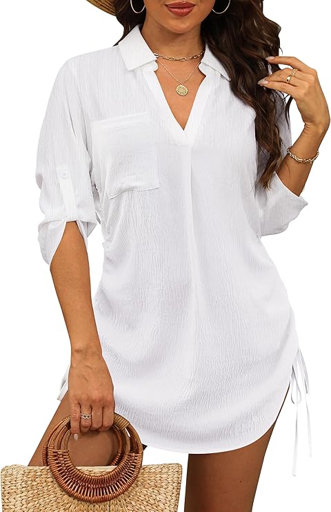 Damen Strandkleid Sommer Bikini Cover Up Badeanzug Sommerkleider Damen Leicht Strandponcho Bluse mit Tunnelzug