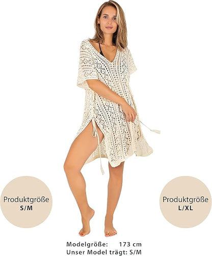 Strandkleid Damen gestrickt - Perfekt als Strandponcho oder Cover-up für Bikini oder Badeanzug - Strandtunika S-XL