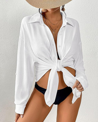 Damen Strandkleid Bikini Cover Up Sommer Strandbluse Strandhemd V-Ausschnitt Strandponcho Bademode Strand Vertuschen Shirt