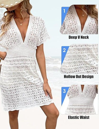 Bikini Cover Up Strandkleid Damen Aushöhlen Häkelkleid Strand Strandtunika Damen Sommer V-Ausschnitt Strandponcho Beachwear Damen Strandurlaub