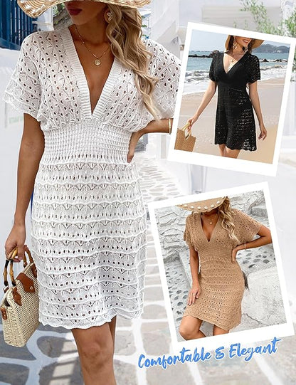 Bikini Cover Up Strandkleid Damen Aushöhlen Häkelkleid Strand Strandtunika Damen Sommer V-Ausschnitt Strandponcho Beachwear Damen Strandurlaub
